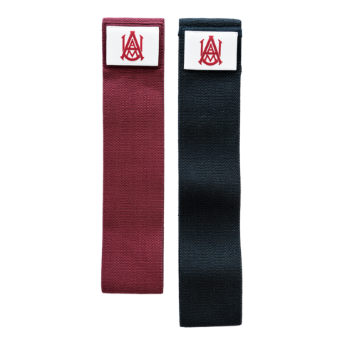 Two bands, one red and one black, with a logo on a white background 
