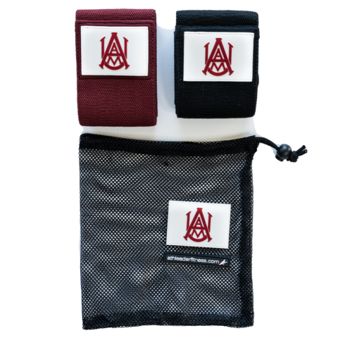 Two bands, one red and one black, with a pouch featuring logo on a white background