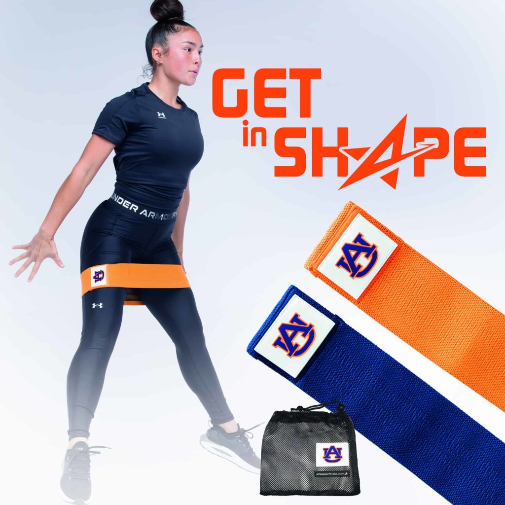 Woman exercise with band and show text Get in Shape' text and fitness straps on a white background