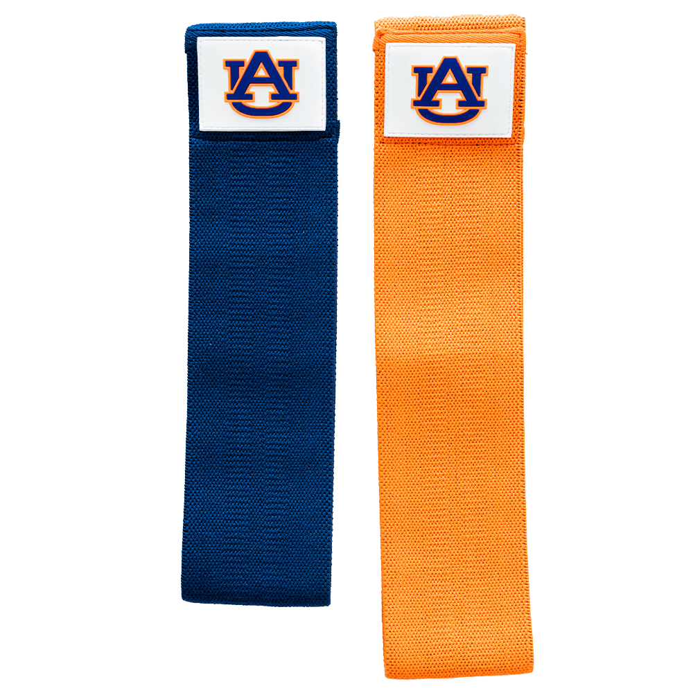 Two bands fabric strips, one blue and one orange, with Auburn logo on a white background