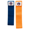 Two bands fabric strips, one blue and one orange, with Auburn logo on a white background