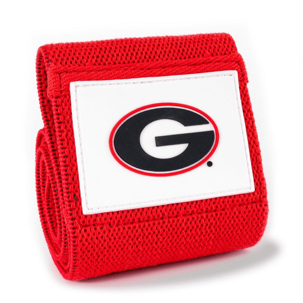 Red band with a logo on a white background