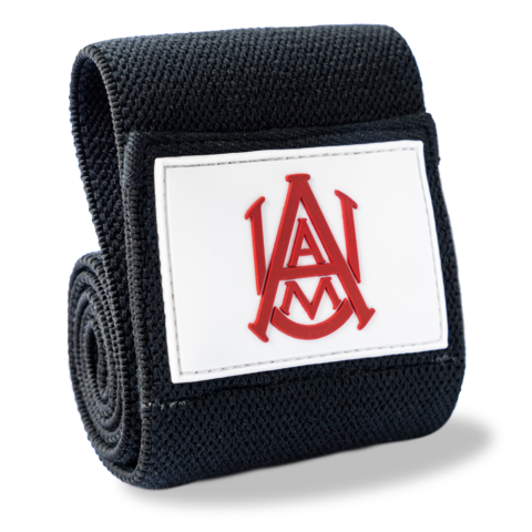 Black band with red and white logo on a white background