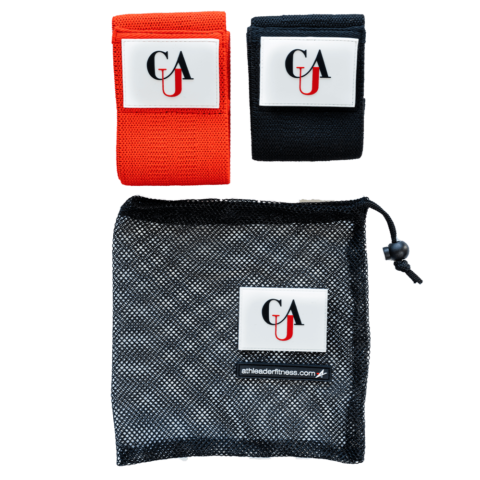 Two bands, one orange and one black, with a mesh pouch featuring a logo on a white background