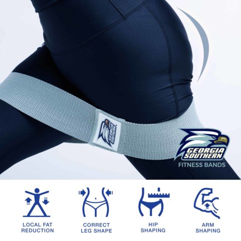 Georgia Southern fitness bands being worn on a person's waist with brand logo and feature icons displayed.