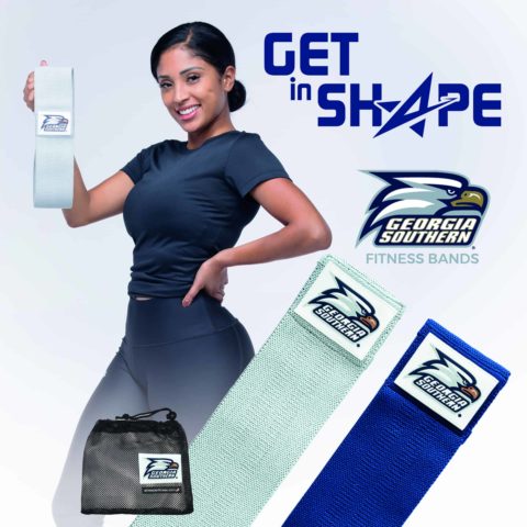 Woman holding a fitness band with Georgia Southern branding on a promotional graphic.
