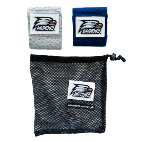 Two bands with Georgia Southern logo and a storage bag on a white background