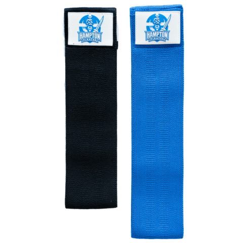 Black and blue bands with Hampton Barbell logo on a white background