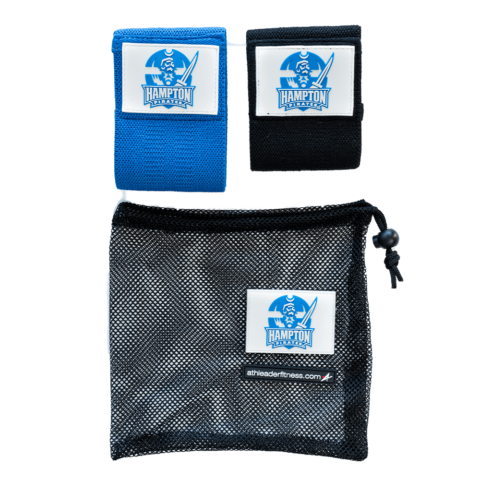 Two blue wrist wraps and a black pouch with a logo on a white background