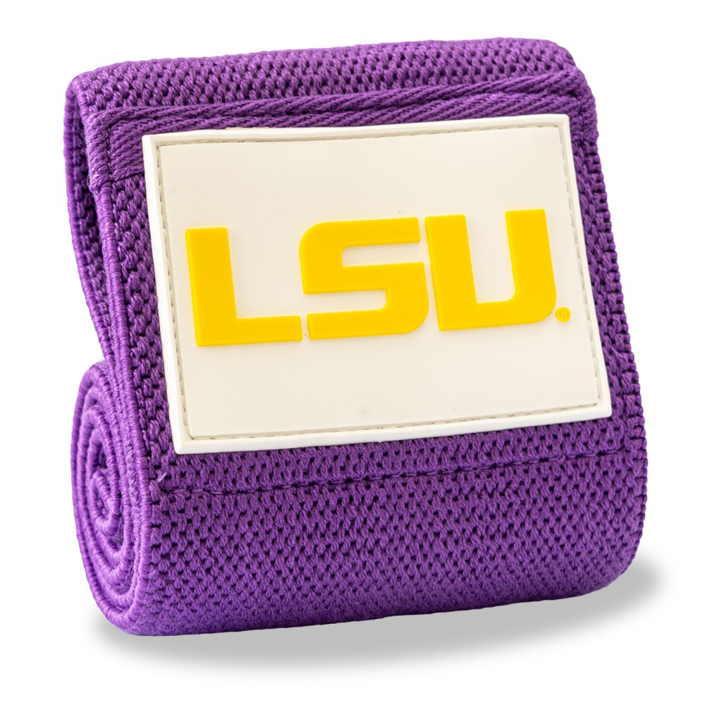 Purple wristband with LSU logo on a white background 