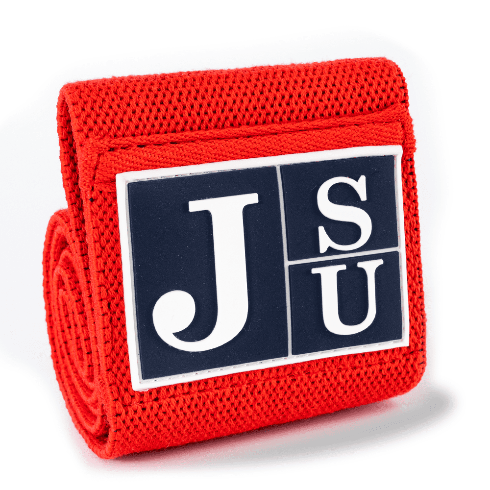 Red band with a blue and white logo on a white background