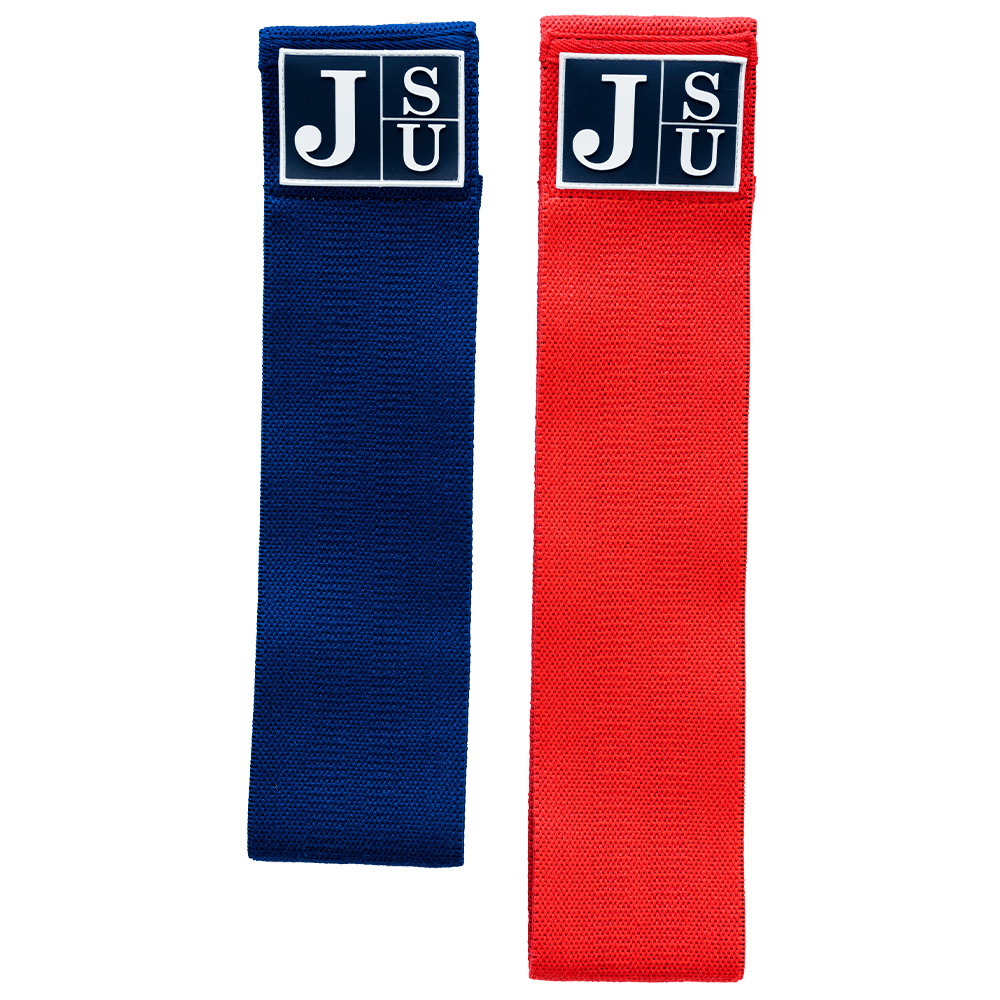 Two bands, one blue and one red, with a logo on a transparent background.