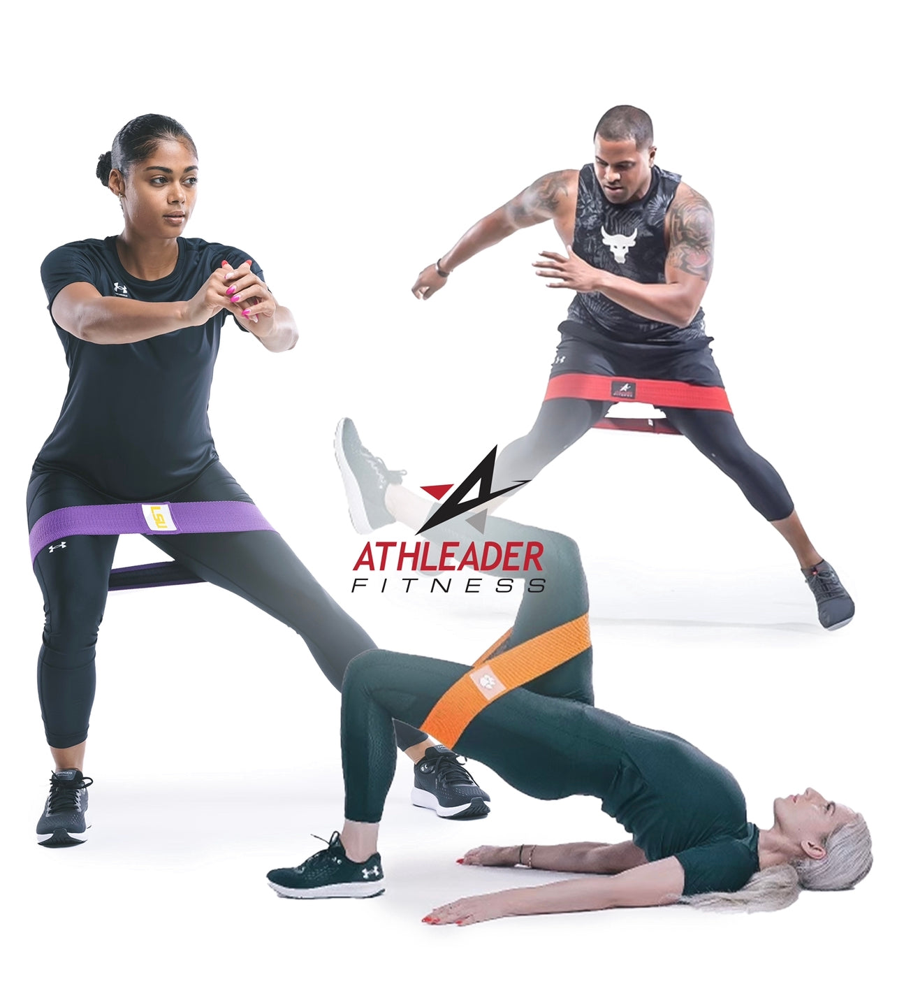 Three people exercising with resistance bands, featuring the Athleader Fitness logo.