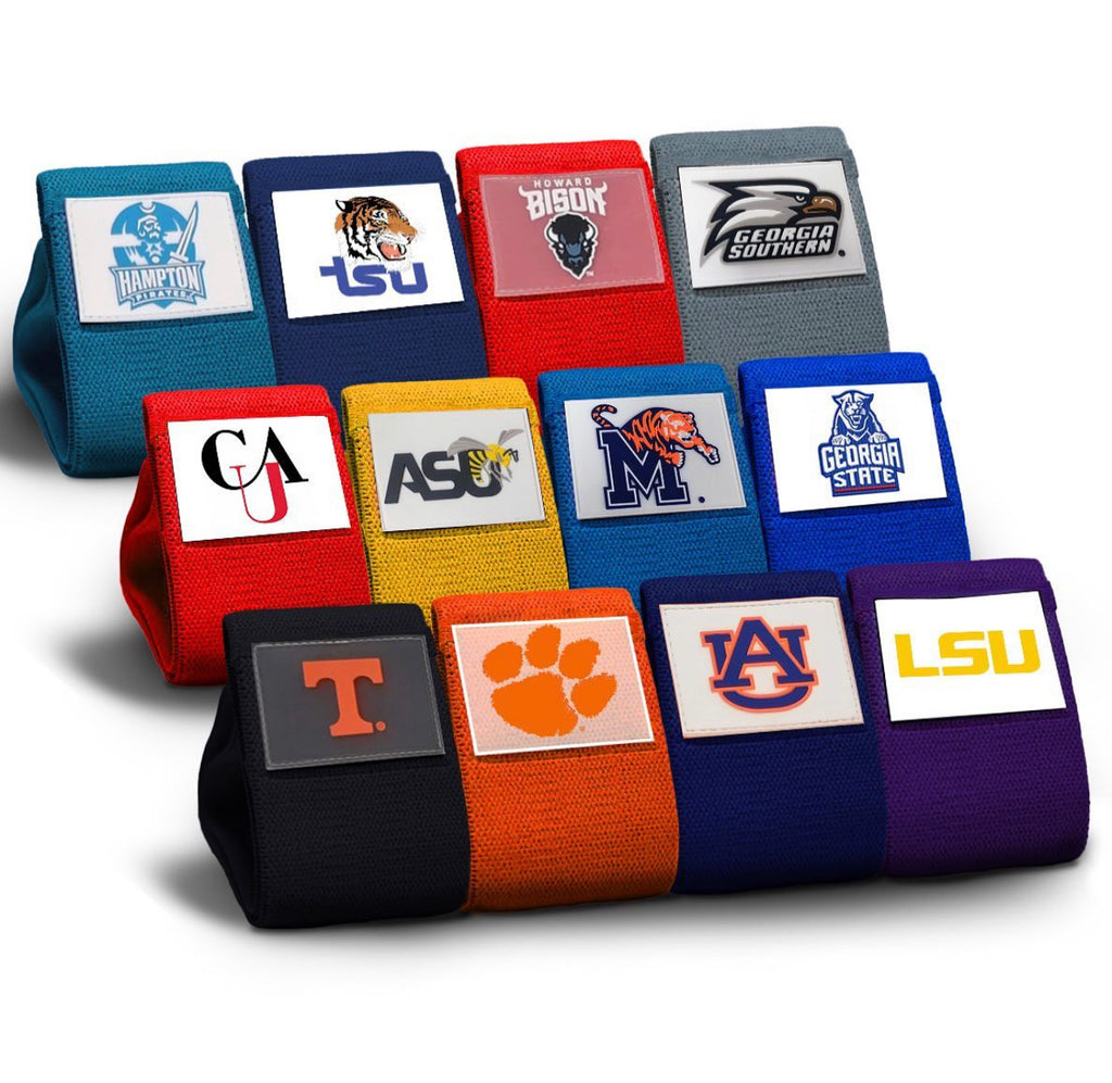 Collection of brands with various college logos on a white background