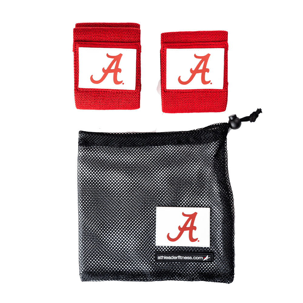 Two red bands with a white 'A' logo and a black mesh pouch with the same logo on a green background.