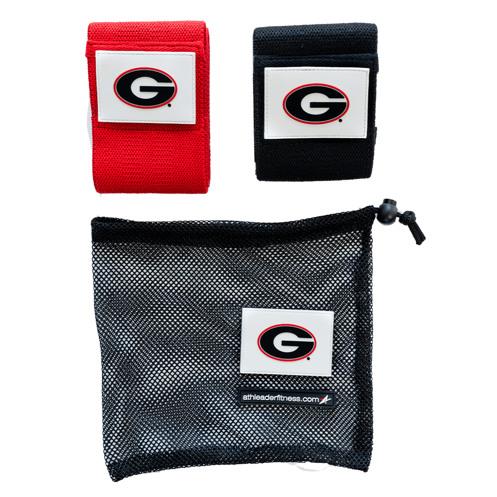 Two bands and a mesh pouch with a logo on a transparent background