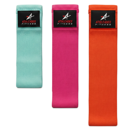 Three resistance bands in green, pink, and orange with Athleader Fitness logo on a white background
